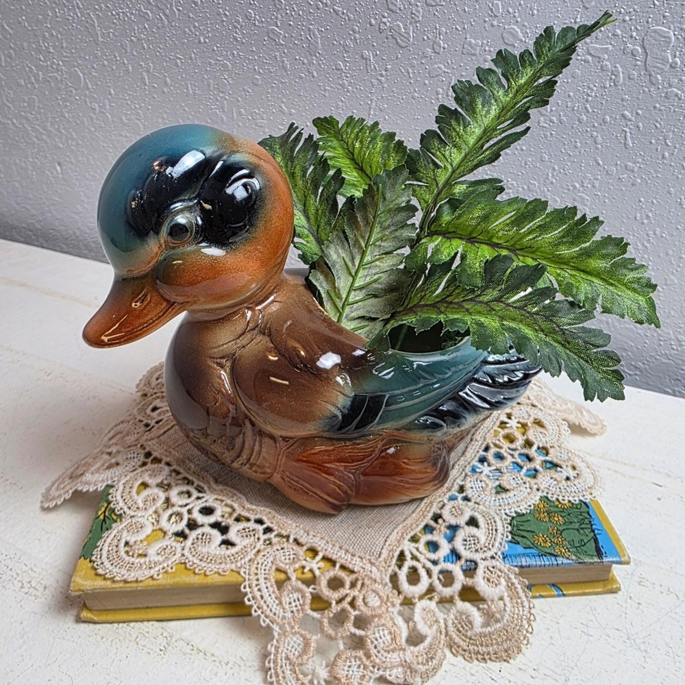 Vintage 1950s Royal Copley Mallard Duck Planter Figurine Brown Teal Orange